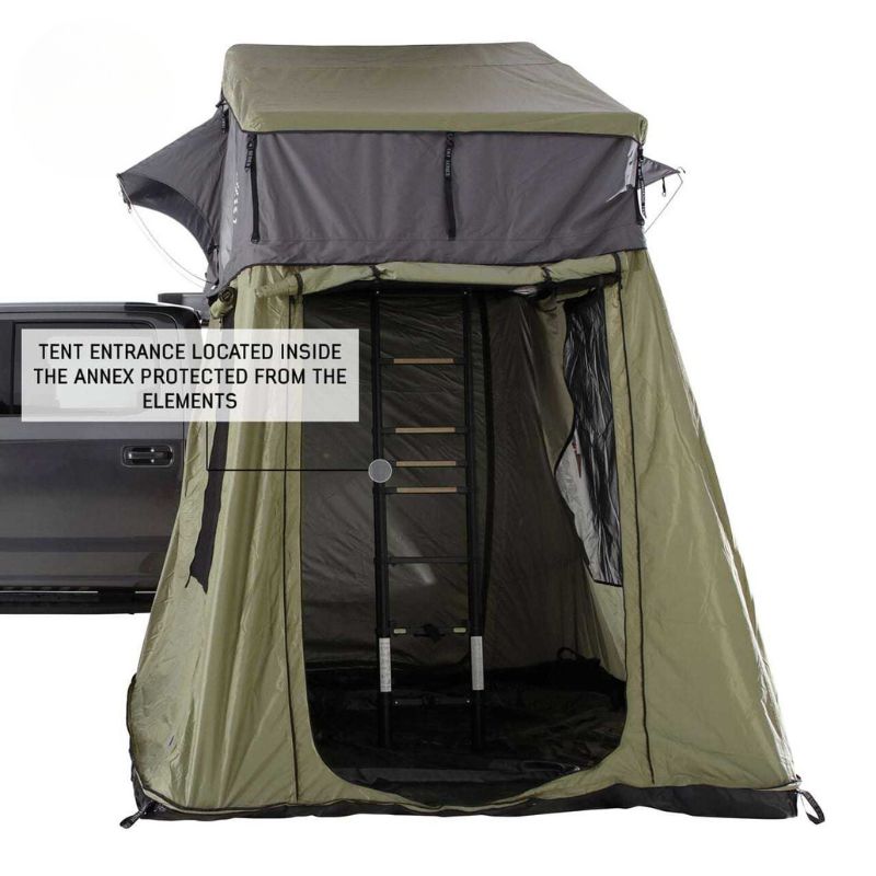 overland-vehicle-systems-nomadic-annex-fitted-to-nomadic-extended-soft-shell-roof-top-tent-gray-tent-green-annex-open-front-view-entrance