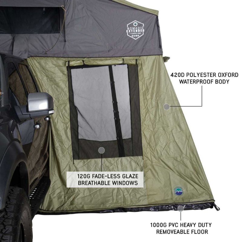 overland-vehicle-systems-nomadic-annex-fitted-to-nomadic-extended-soft-shell-roof-top-tent-gray-tent-green-annex-open-side-view-annex-body