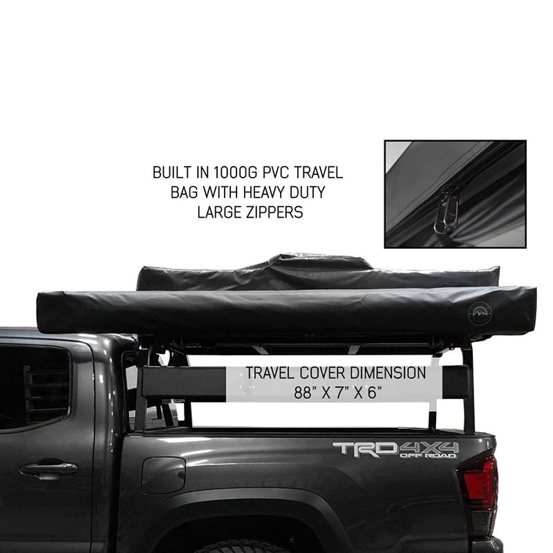 overland-vehicle-systems-nomadic-awning-180-driver-side-dark-gray-closed-side-view-on-toyota-tacoma-with-travel-cover-dimensions
