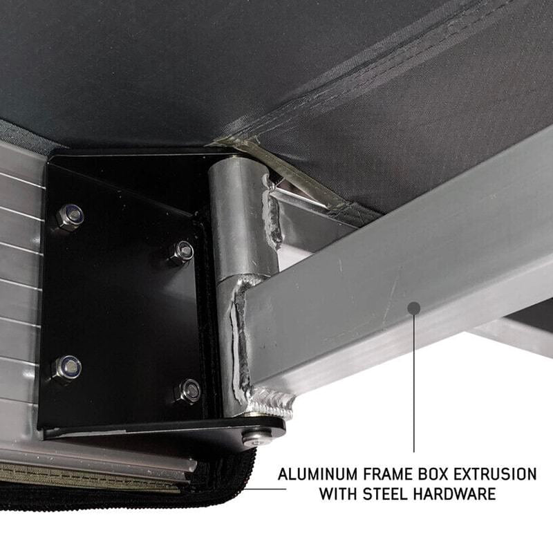 overland-vehicle-systems-nomadic-awning-270-for-mid-high-roofline-vans-open-close-up-view-of-aluminum-frame-box-extrusion-with-steel-hardware