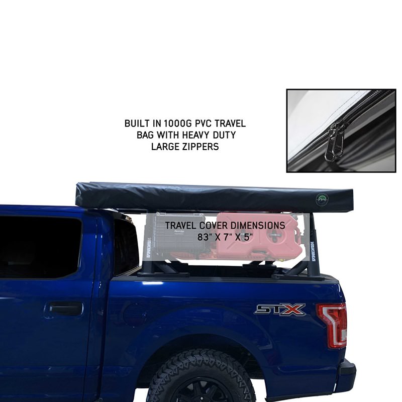overland-vehicle-systems-nomadic-awning-270-lt-driver-side-dark-gray-closed-side-view-on-ford-ranger-with-travel-cover-dimensions