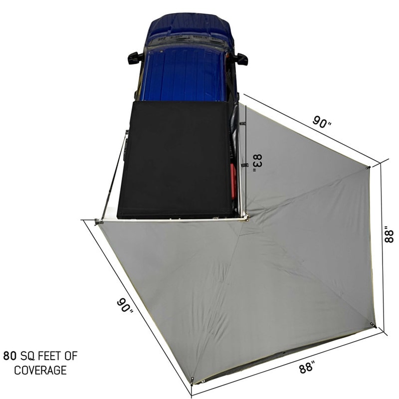 overland-vehicle-systems-nomadic-awning-270-lt-passager-side-dark-gray-open-drone-view-on-ford-ranger-stx-with-dimensions