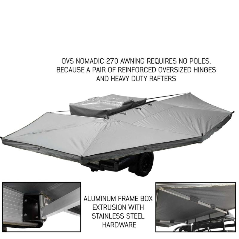 overland-vehicle-systems-nomadic-awning-270-passenger-side-gray-open-rear-corner-view-on-camping-trailer-on-white-background