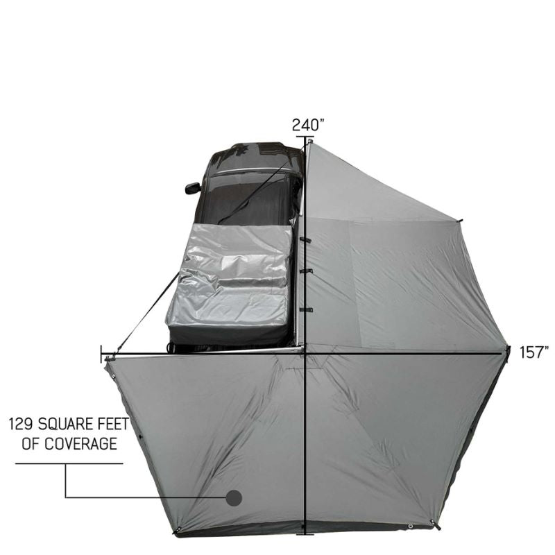 overland-vehicle-systems-nomadic-awning-270-passenger-side-gray-open-top-view-on-toyota-tacoma-on-white-background