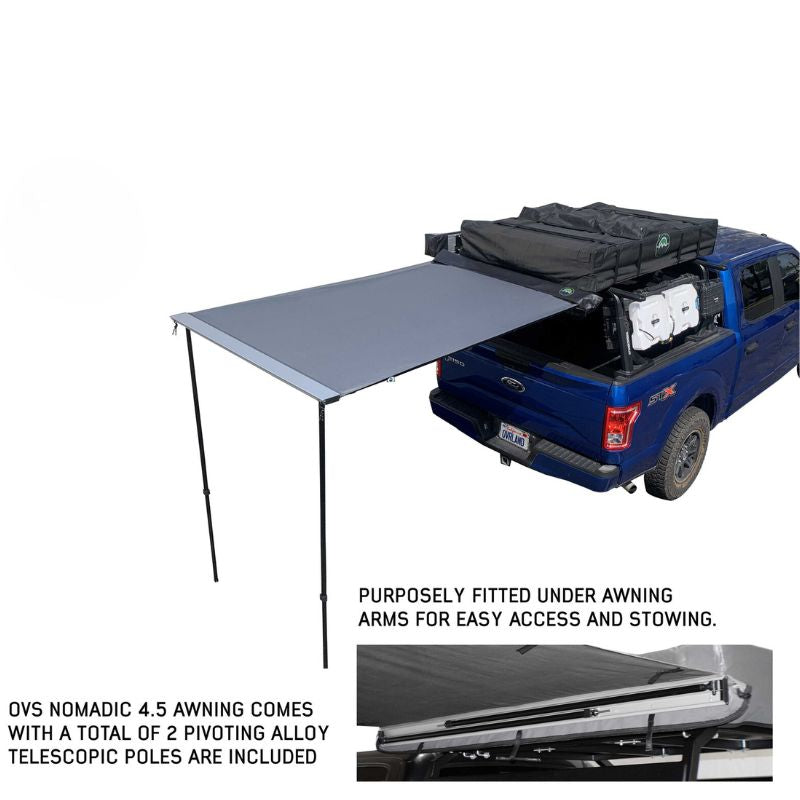 overland-vehicle-systems-nomadic-awning-4.5-ft-gray-open-rear-corner-view-with-alloy-poles-on-ford-150-on-white-background