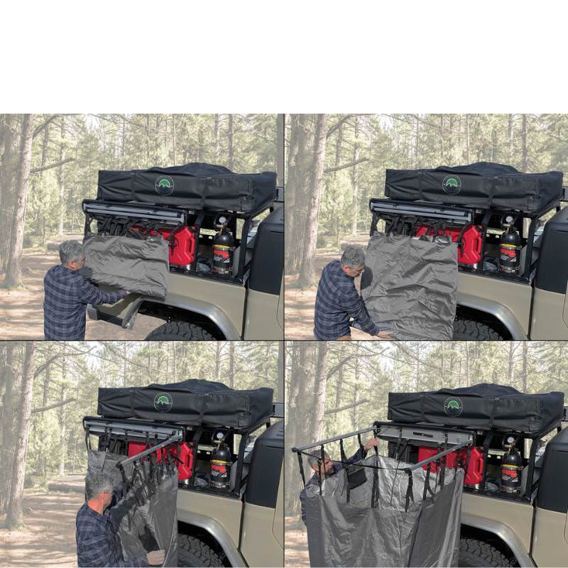 overland-vehicle-systems-nomadic-car-side-shower-room-front-view-step-by-step-opening-set-up-beside-vehicle-with-man-in-nature