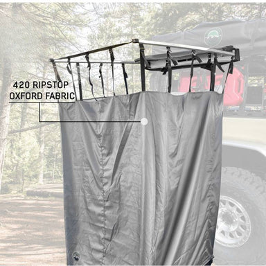 overland-vehicle-systems-nomadic-car-side-shower-room-open-rear-corner-view-with-ripstop-fabric-in-nature