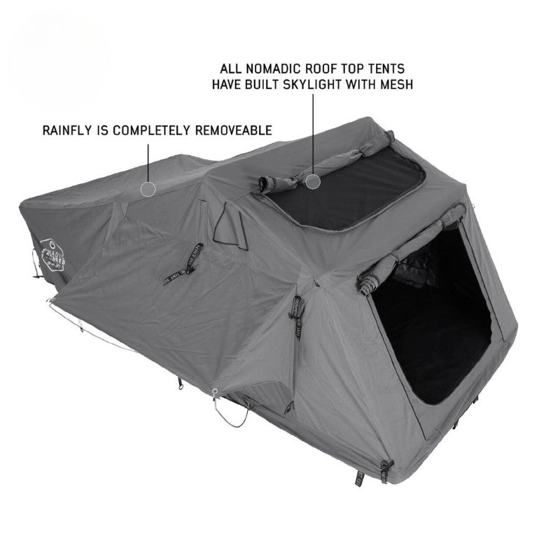 overland-vehicle-systems-nomadic-extended-soft-shell-roof-top-tent-grey-open-front-corner-veiw-without-rainfly-on-white-background
