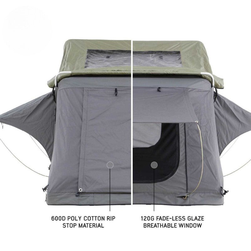 overland-vehicle-systems-nomadic-extended-soft-shell-roof-top-tent-grey-open-rear-view-with-breathable-window-on-white-background