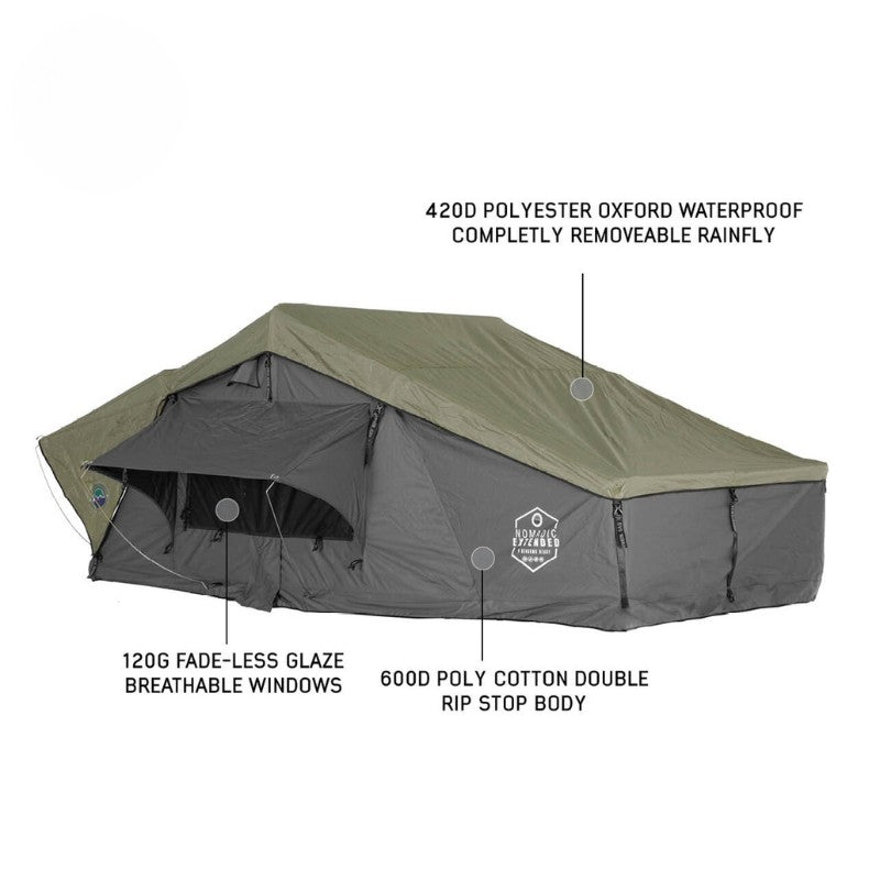 overland-vehicle-systems-nomadic-extended-soft-shell-roof-top-tent-grey-open-side-view-with-removable-rainfly-on-white-background