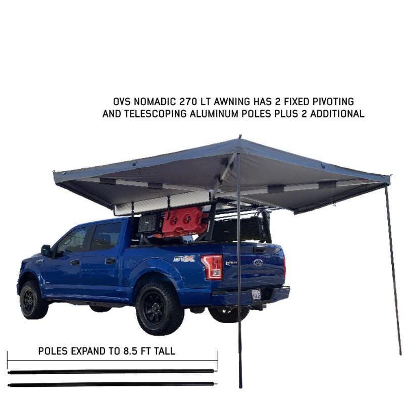 overland-vehicle-systems-nomadic-lt-270-awning-with-walls-dark-gray-open-driver-side-rear-view-on-ford-ranger-stx-two-fixed-pivoting-and-telescoping-aluminum-poles