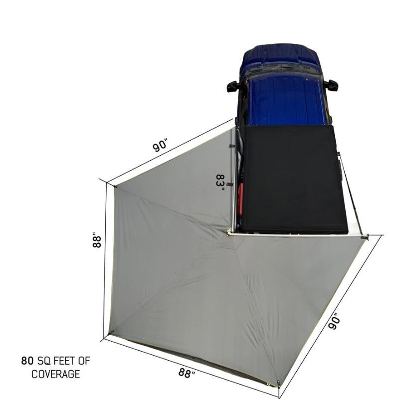 overland-vehicle-systems-nomadic-lt-270-awning-with-walls-dark-gray-open-driver-side-top-view-on-ford-ranger-with-product-dimensions