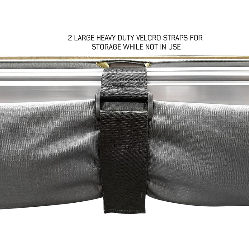 overland-vehicle-systems-nomadic-lt-270-awning-with-walls-dark-gray-open-zoomed-in-view-of-heavy-duty-velcro-strap