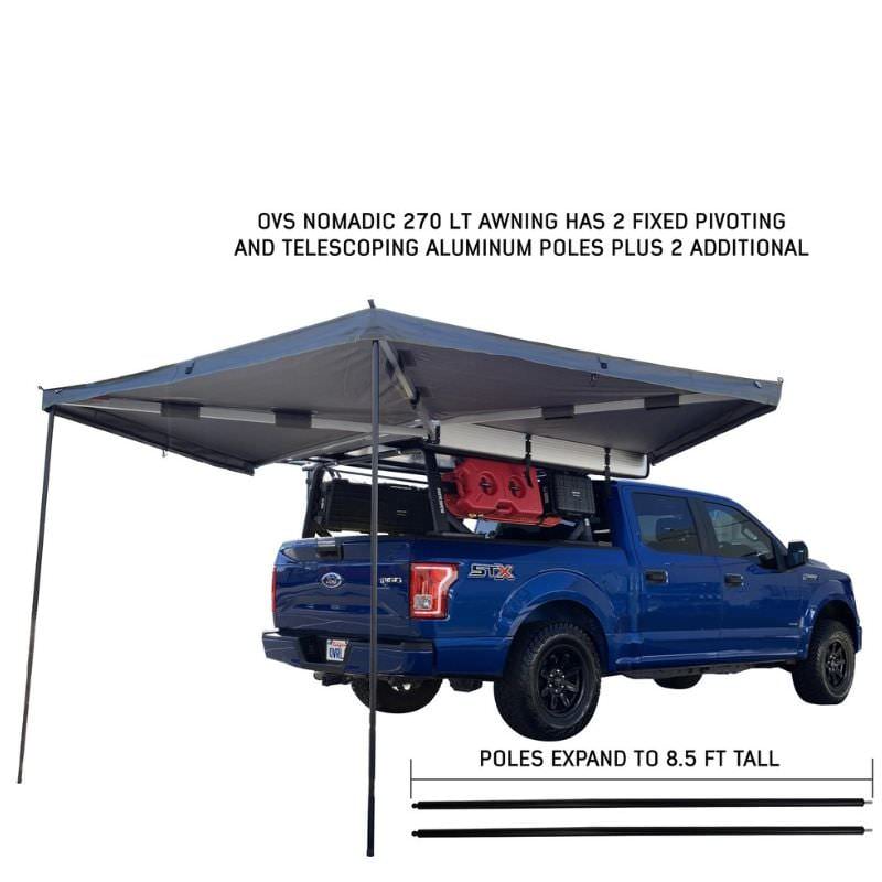 overland-vehicle-systems-nomadic-lt-270-awning-with-walls-dark-gray-passenger-side-open-rear-view-on-ford-ranger-fixed-pivoting-aluminum-poles
