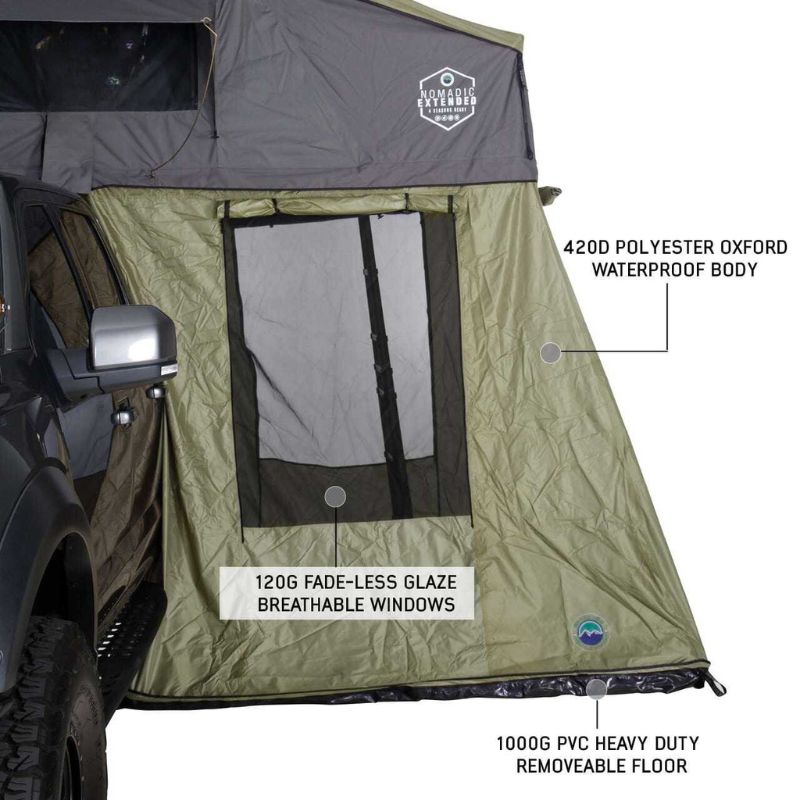 overland-vehicle-systems-nomadic-roof-top-tent-annex-green-base-black-floor-open-front-corner-view-window-body-floor-description-on-white-background