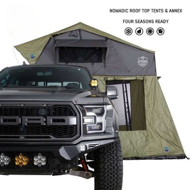 overland-vehicle-systems-nomadic-roof-top-tent-annex-green-base-black-floor-open-side-view-with-tent-on-ford-on-white-backround