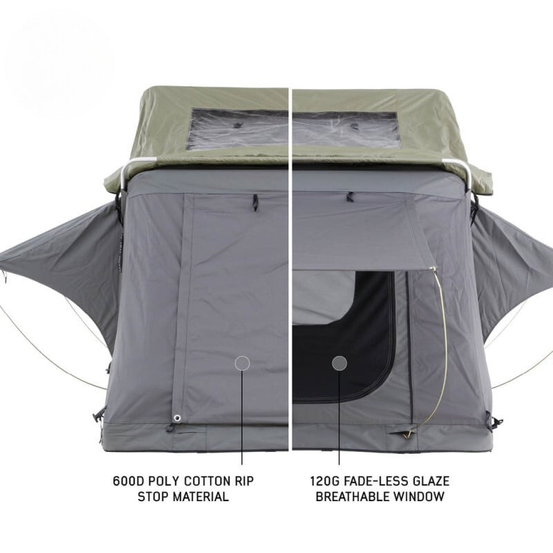      overland-vehicle-systems-nomadic-standard-soft-shell-roof-top-tent-gray-open-front-view-fabric-description
