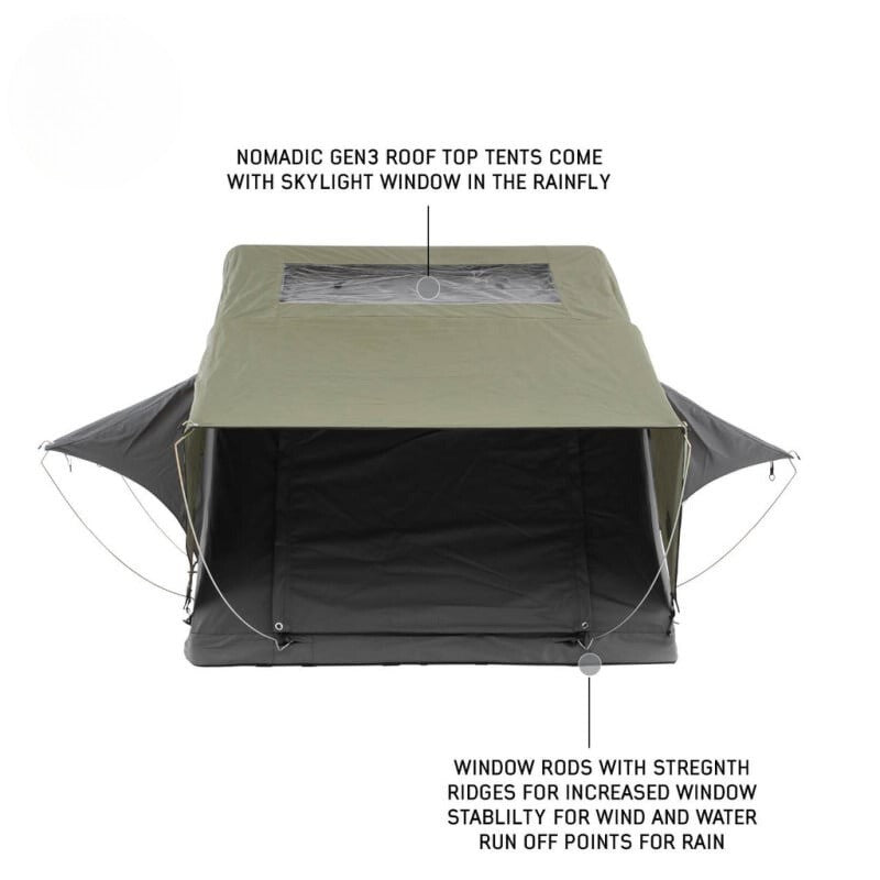 overland-vehicle-systems-nomadic-standard-soft-shell-roof-top-tent-gray-open-front-view-skylight-and-rainfly-description