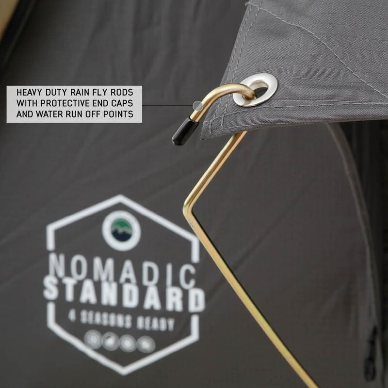 overland-vehicle-systems-nomadic-standard-soft-shell-roof-top-tent-gray-open-heavy-duty-rainfly-rods-description