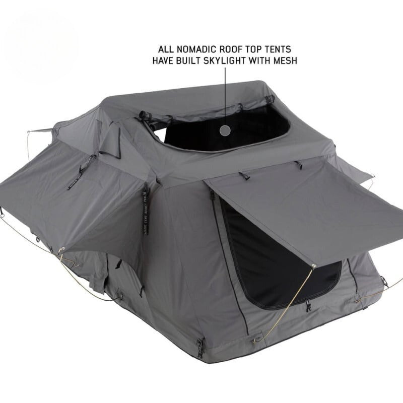overland-vehicle-systems-nomadic-standard-soft-shell-roof-top-tent-gray-open-top-view-fabric-and-rainfly-description