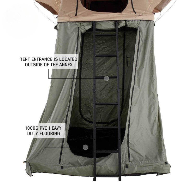 overland-vehicle-systems-tmbk-roof-top-tent-annex-green-base-black-floor-open-front-view-entrance-onwhite-background
