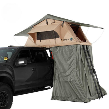 overland-vehicle-systems-tmbk-roof-top-tent-annex-green-base-black-floor-open-side-view-closed-windows-on-white-background