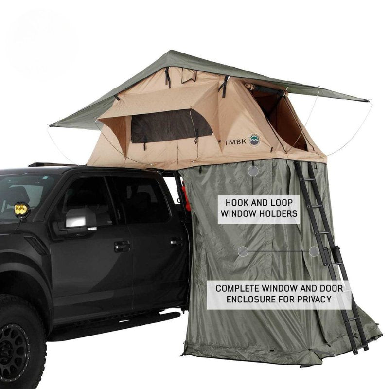 overland-vehicle-systems-tmbk-roof-top-tent-annex-green-base-black-floor-open-side-view-enclosure-on-white-background