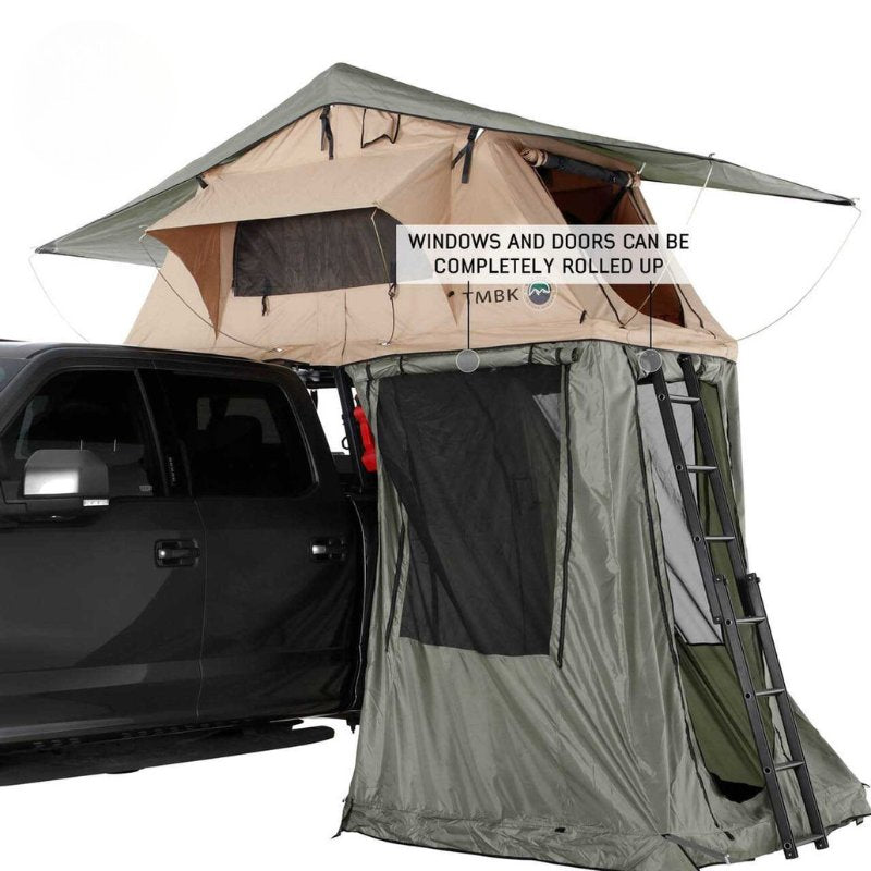 overland-vehicle-systems-tmbk-roof-top-tent-annex-green-base-black-floor-open-side-view-roll-up-on-white-background