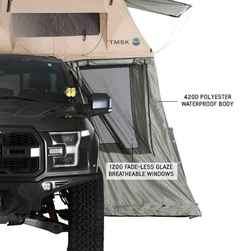 overland-vehicle-systems-tmbk-roof-top-tent-annex-green-base-black-floor-open-side-view-with-descriptions-on-white-background