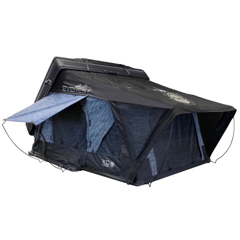 overland-vehicle-systems-xd-everest-cantilever-aluminum-roof-top-tent-gray-body-black-rainfly-open-front-corner-view-on-white-background