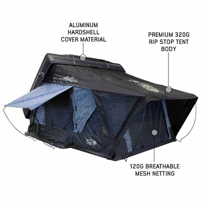 overland-vehicle-systems-xd-everest-cantilever-aluminum-roof-top-tent-gray-body-black-rainfly-open-front-corner-view-with-aliminum-hardshell-on-white-background