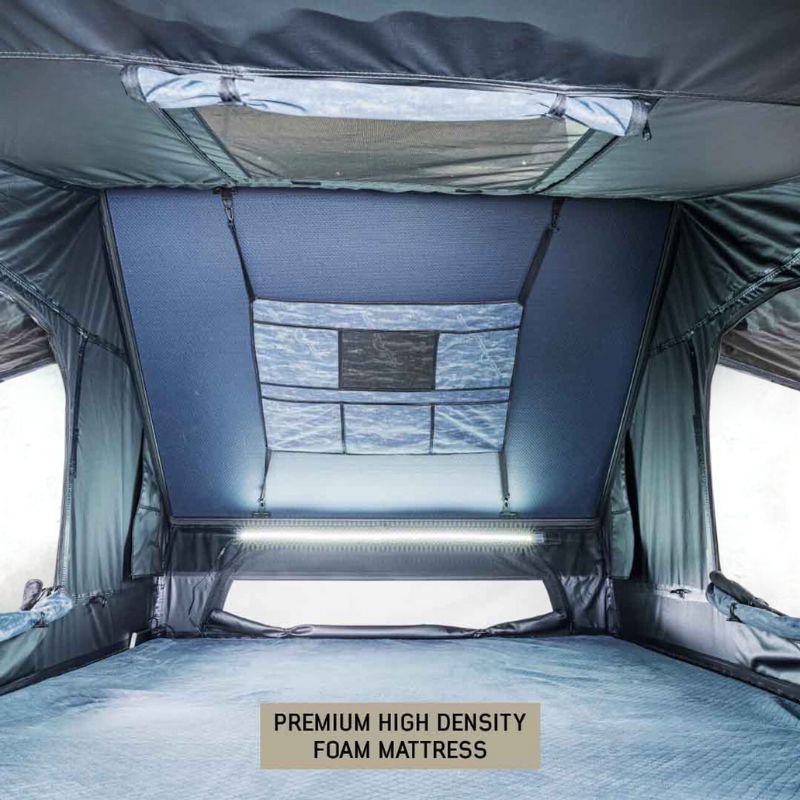 overland-vehicle-systems-xd-everest-cantilever-aluminum-roof-top-tent-gray-body-black-rainfly-open-interior-view-high-density-mattress