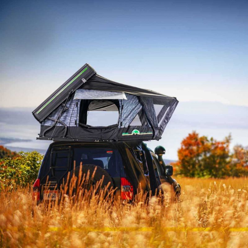 overland-vehicle-systems-xd-everest-cantilever-aluminum-roof-top-tent-gray-body-black-rainfly-open-rear-veiw-on-mitsubishi-montero-in-nature
