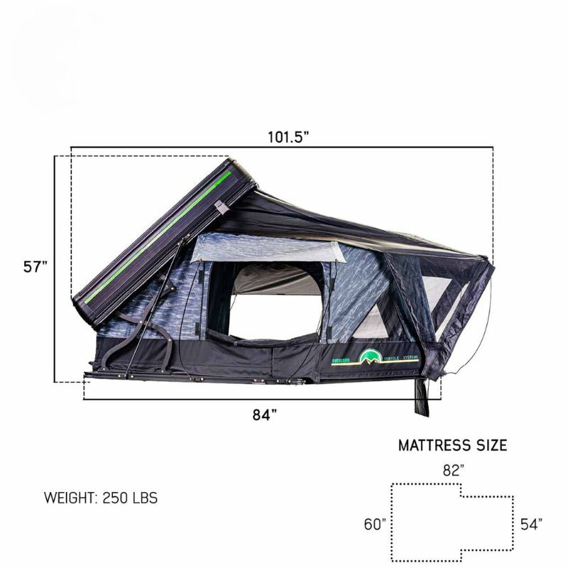 overland-vehicle-systems-xd-everest-cantilever-aluminum-roof-top-tent-gray-body-black-rainfly-open-side-view-weight-and-dimensions-on-white-background