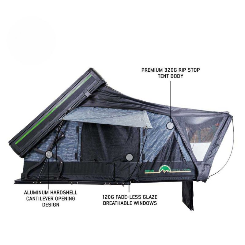 overland-vehicle-systems-xd-everest-cantilever-aluminum-roof-top-tent-gray-body-black-rainfly-open-side-view-with-multiple-decriptions-on-white-background