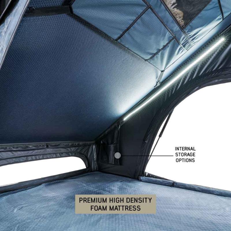 overland-vehicle-systems-xd-lohtse-hard-shell-roof-top-tent-gray-body-black-rainfly-open-interior-view-matress-and-internal-storage