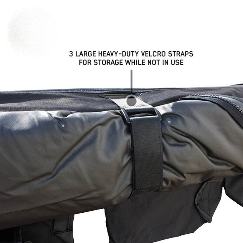 overland-vehicle-systems-xd-nomadic-180-awning-with-lights-and-black-out-closed-front-view-with-velco-straps-on-white-background