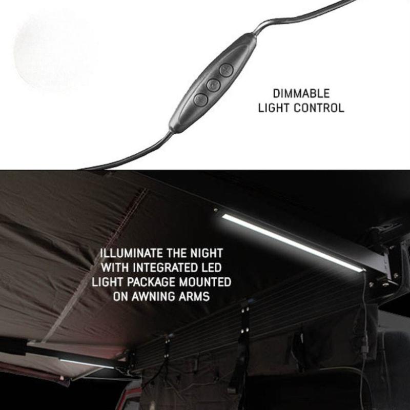 overland-vehicle-systems-xd-nomadic-180-awning-with-lights-and-black-out-open-interior-view-with-led-light-and-control-switch-on-white-background