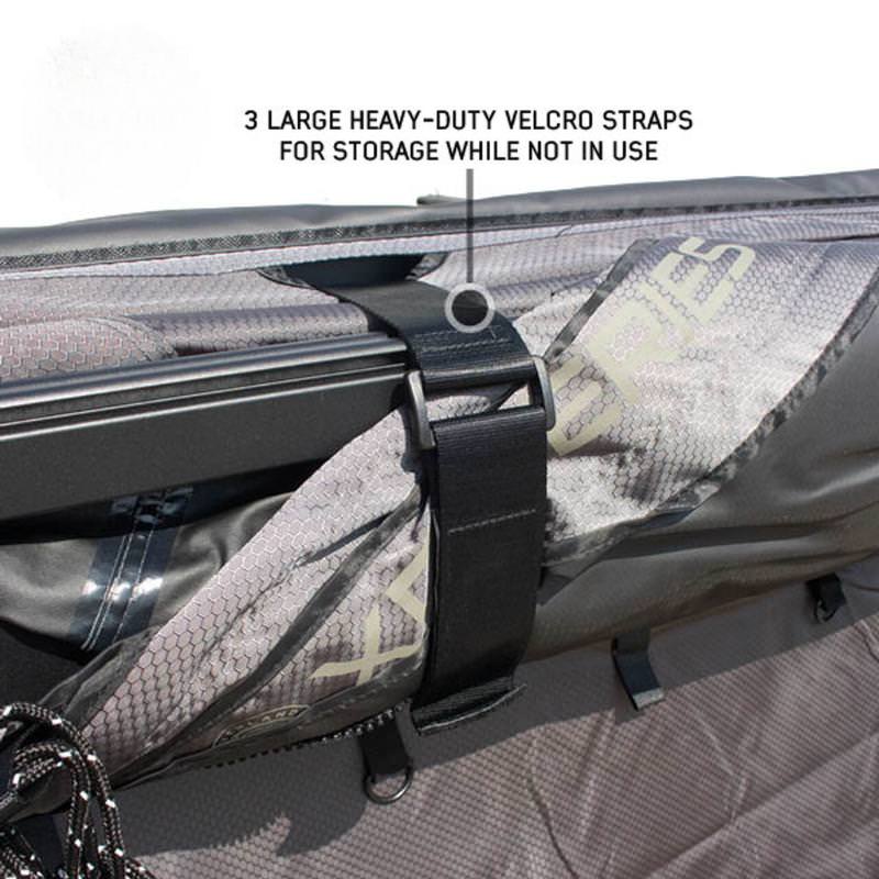 overland-vehicle-systems-xd-nomadic-270-awning-with-lights-and-black-out-grey-closed-close-up-view-with-velco-strap-on-white-background