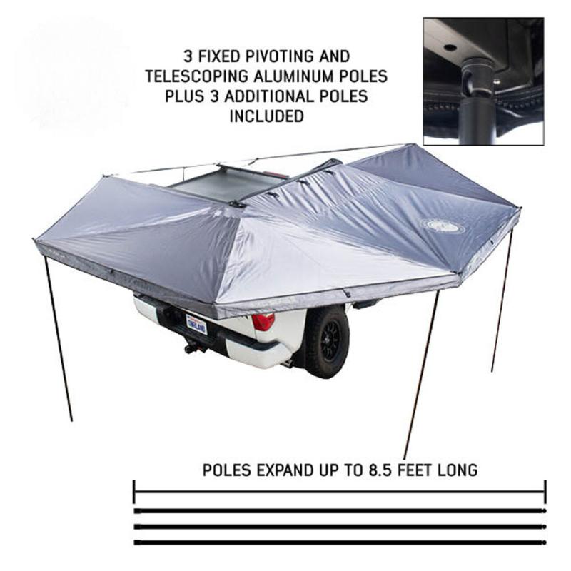 overland-vehicle-systems-xd-nomadic-270-awning-with-lights-and-black-out-grey-open-rear-corner-view-with-poles-on-white-background