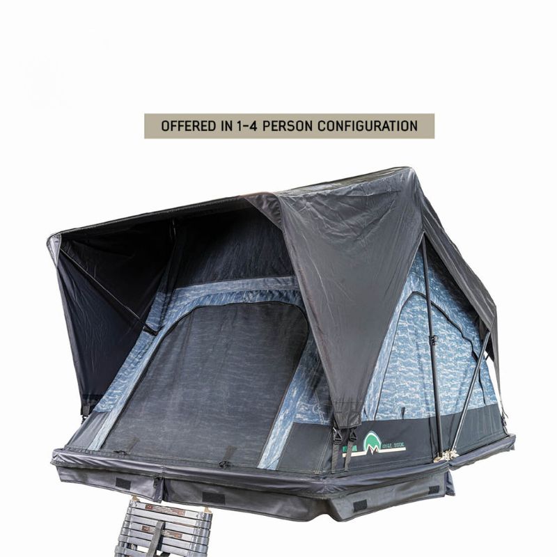 overland-vehicle-systems-xd-sherpa-soft-shell-rooftop-tent-gray-body-black-rainfly-open-front-corner-view-closed-covers-with-configuration-details-on-plain-white-background