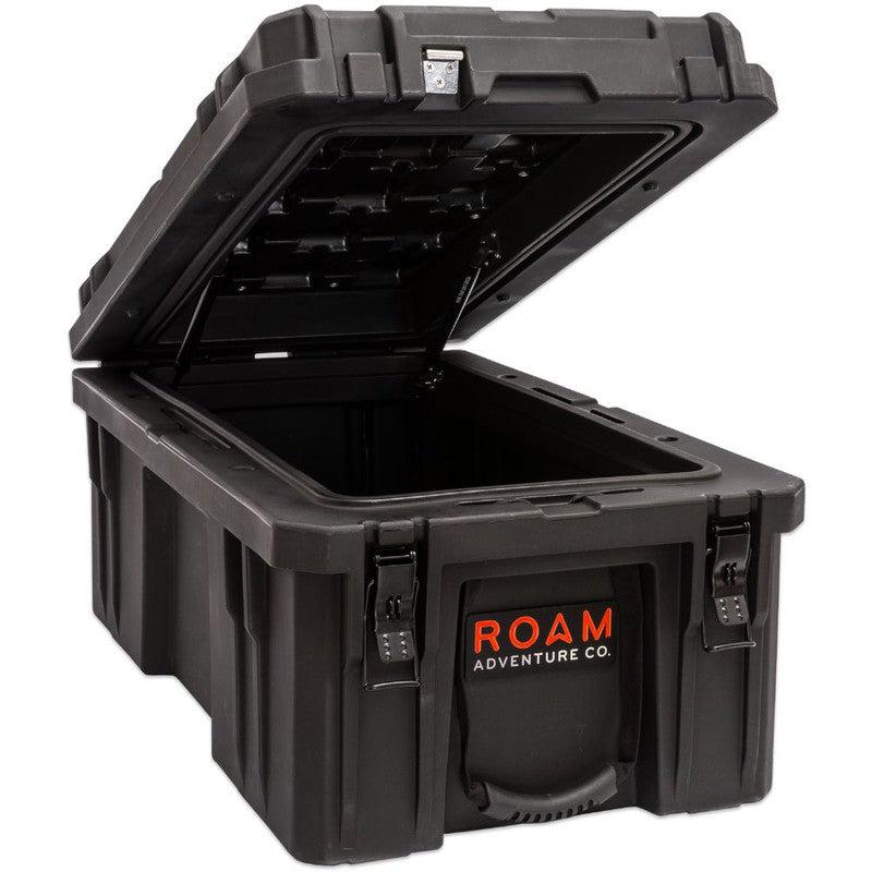 roam-105l-rugged-case-black-front-corner-view-with-opened-lid-on-white-background