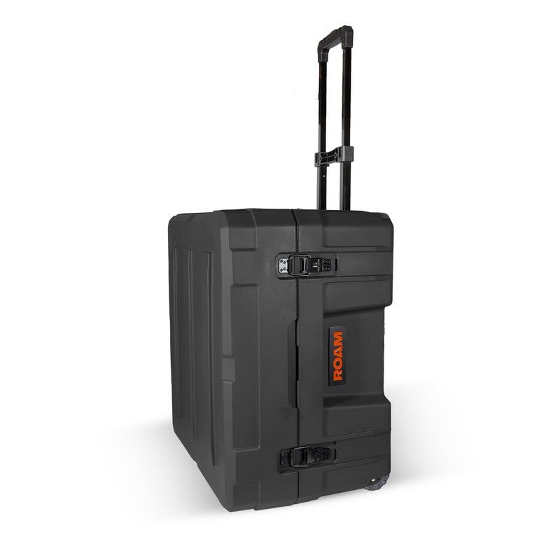 roam-132l-rolling-rugged-case-black-front-corner-view-with-handle-on-white-background