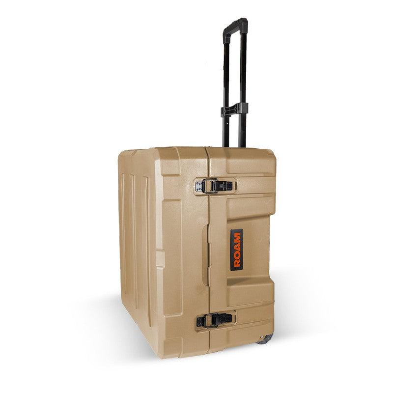 roam-132l-rolling-rugged-case-desert-tan-front-corner-view-with-handle-on-white-background