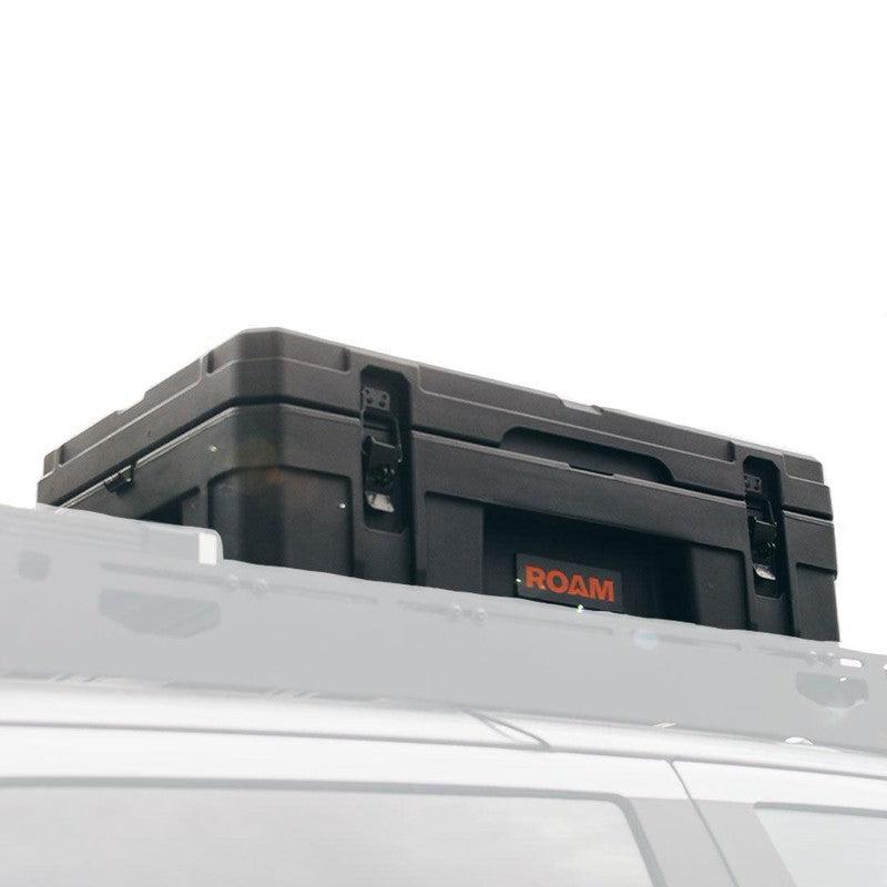 roam-66l-rugged-case-black-front-corner-view-on-roof-rack-on-white-background