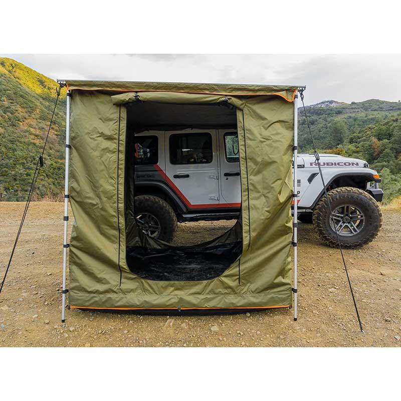 roam-standard-awning-room-forest-green-hyper-orange-open-front-view-on-vehicle-in-nature