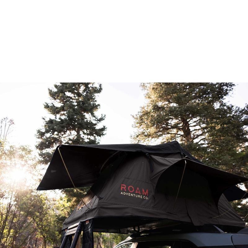 roam-vagabond-lite-rooftop-tent-black-open-side-view-with-rainfly-in-nature