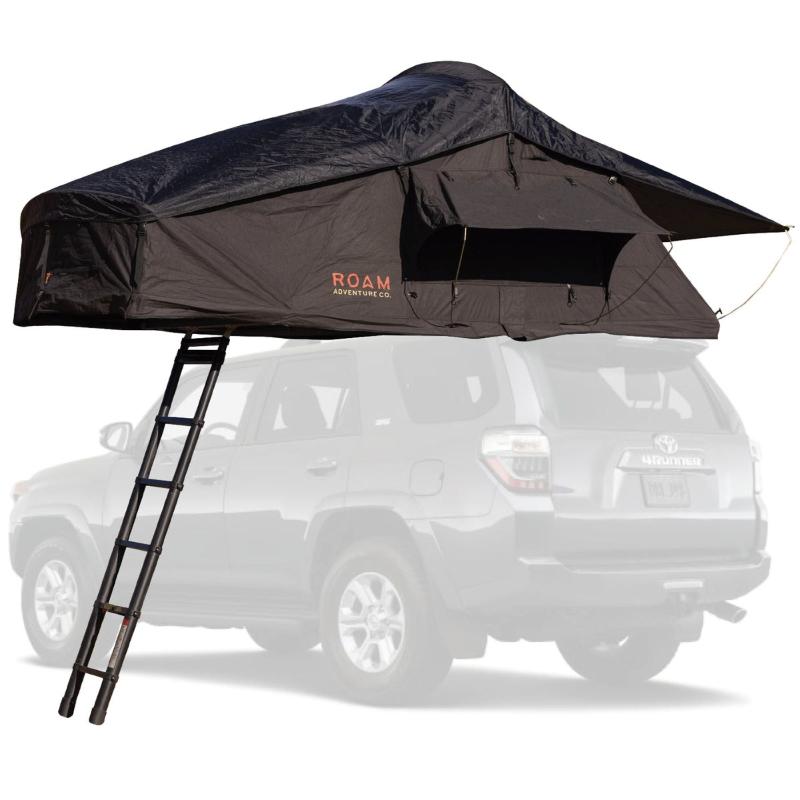 roam-vagabond-rooftop-tent-black-open-side-view-on-vehicle-with-ladder-on-white-background