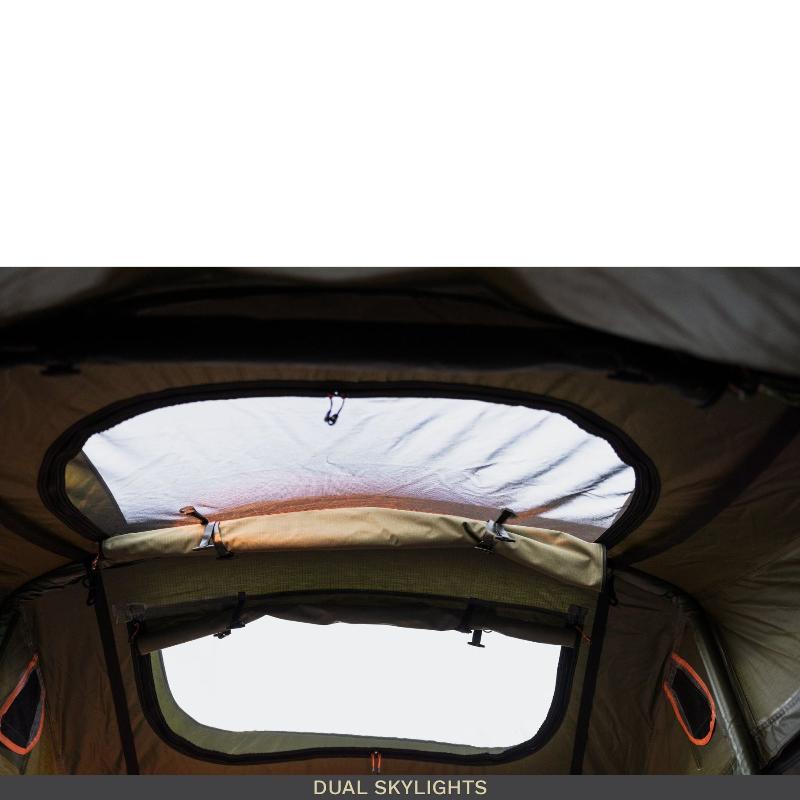 roam-vagabond-rooftop-tent-forest-green-hyper-orange-open-interior-view-with-dual-skylights-on-white-background