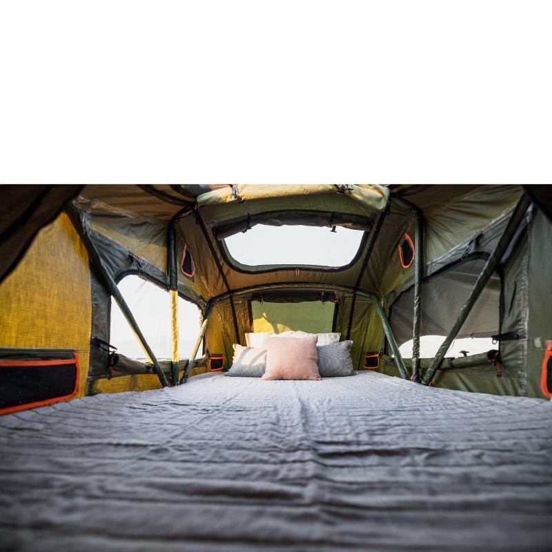 roam-vagabond-rooftop-tent-forest-green-hyper-orange-open-interior-view-with-mattress-and-pillows-on-white-backgound